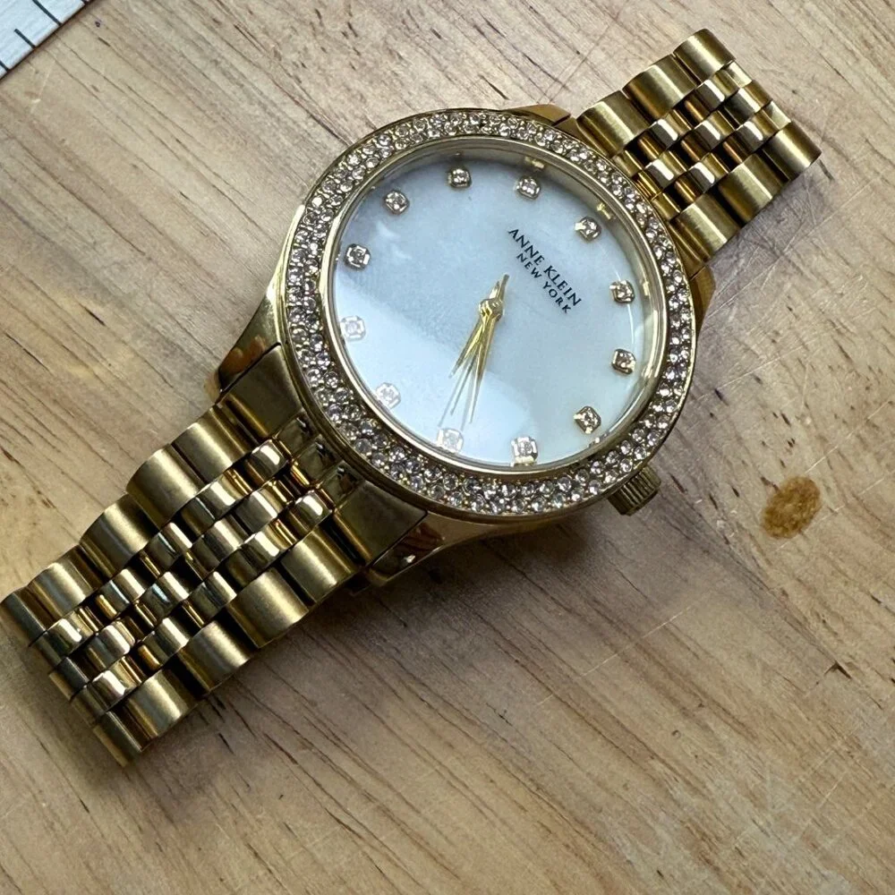 Anne Klein New York Womens Gold-Tone Watch With Crystal Accents & Mother-Of-Pear